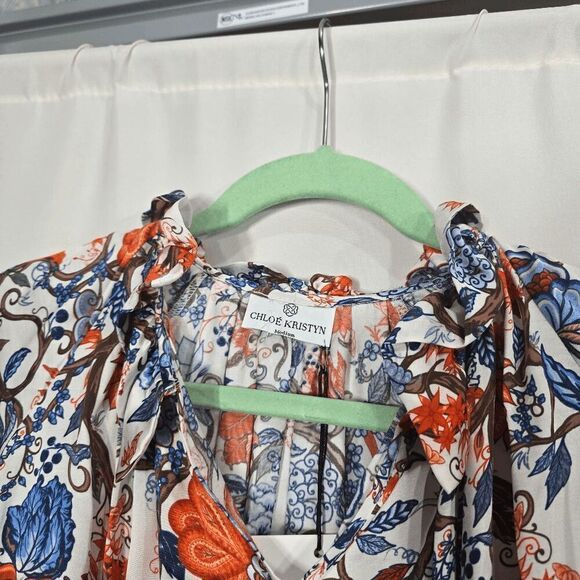 Chloe Kristyn Creme Indian Floral Long Sleeve Blouse Medium - Picture 6 of 7
